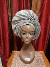 Aso-Oke African Headtie Auto Gele, Ready Made Gele Silver 