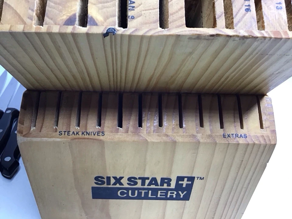 Ronco SIX STAR Cubiertos 30 Ranuras Bloques Set Madera Maciza Etiquetado con 21 Cuchillos Usado Foto 3 de 4