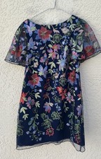Jessica Howard Embroidered Floral A Line Dress Navy Sheer Flutter Sleeve 12P