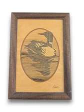 Wood Marquetry Framed Signed Nelson Inlay Loon Bird Cabin Wall Art Handmade 10x7