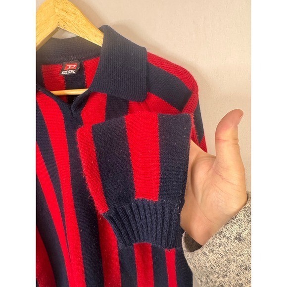 Diesel Red Navy Blue Vertical Stripe Polo Collar Knit Sweater Men
