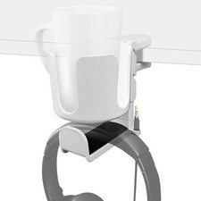 Geekria 2 in 1 Headphone Hanger Desk Cup Holder Under Desk Clamp White