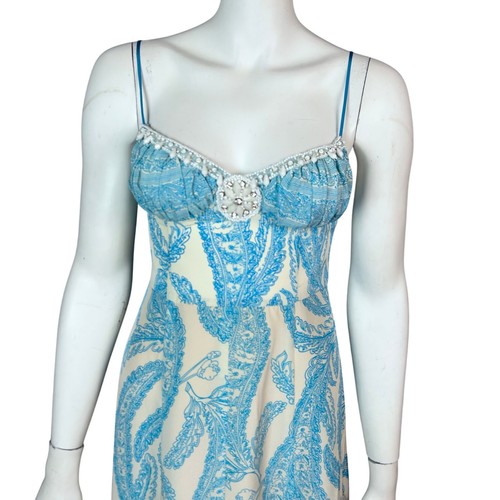 Tracy Reese dress size 2 Y2K maxi slip beaded corset cream blue silk vtg Mermaid - Picture 2 of 14