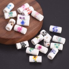 40pcs 11x6mm Cylinder Shape Flower Patterns Ceramic Porcelain Loose Beads Lot