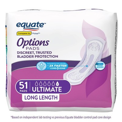 Equate Options Women's Incontinence Pads, Super Absorbent, Extra Long (51 Count)