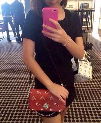 Mini Red Floral Crossbody Bag with Chain Leather Straps Turnlock