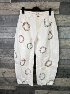 Free People Good Luck Barrel Leg Jeans Gr. 26 UK 6 Ivory Watercolor Wreath