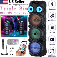 8000W Portable Bluetooth Speaker Triple 8" Woofer Party Loud Stereo Bass w/ Mic