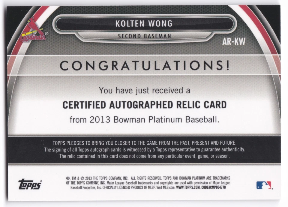 2013 Bowman Platinum Kolten Wong Auto #AR-KW Autographed Relics Jersey Refractor - Image 2 of 2
