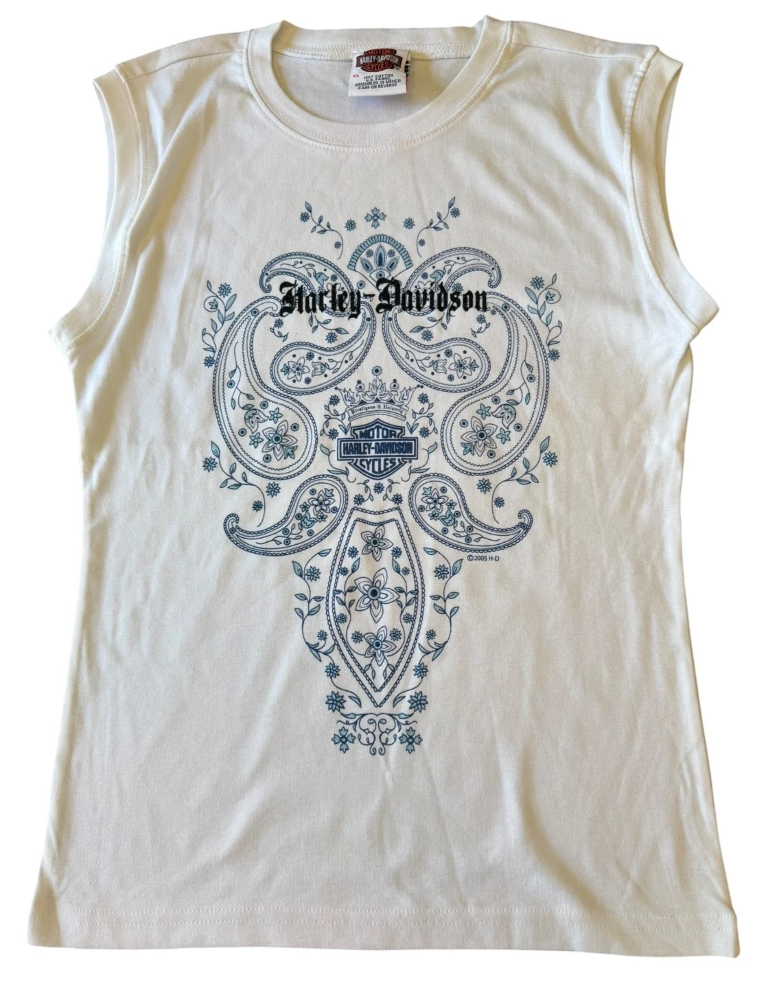 VTG 2005 Harley Davidson Paisley Sleeveless Shirt XL NWOT White Blue Floral Y2K