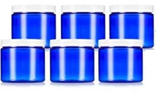 16 Oz Cobalt Blue PET Plastic Refillable Jar with White Lids (6 Pack)