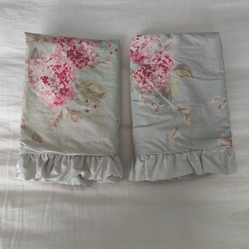 SIMPLY SHABBY CHIC Hydrangea Pair of Standard Shams Ruffled Pink on Blue COTTON
