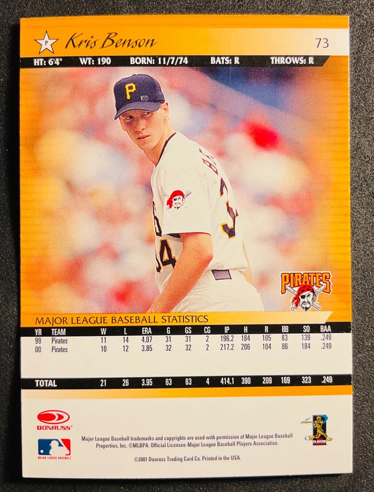 Pittsburgh Pirates KRIS BENSON signed auto autographed 2001 DONRUSS card CLEMSON - Image 2 of 2