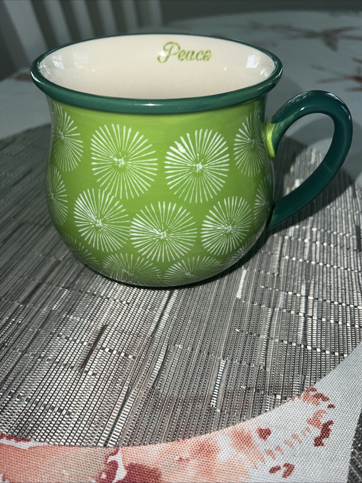 Pioneer Woman Jumbo PEACE PotBelly Coffee Mug Green Starburst Design 28OZ