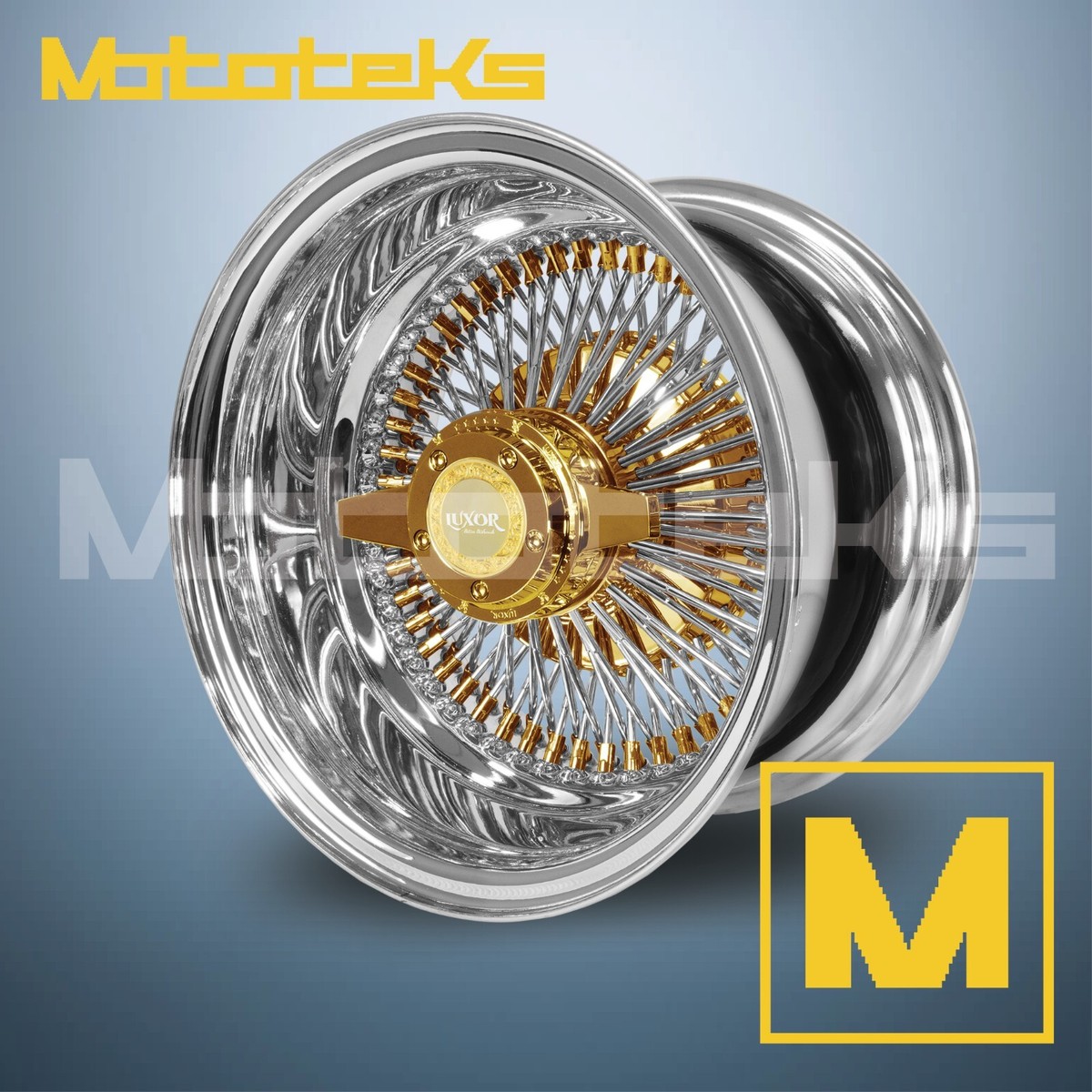 17X9 LUXOR WIRE WHEELS 100 STRAIGHT REV RIMS 24K TRIPLE GOLD WHEEL