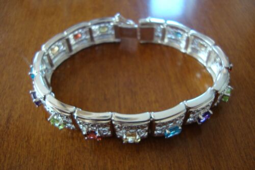STERLING SILVER MULTI GEMSTONE FILIGREE BRACELET 41 GRAMS 7 INCHES LONG - Picture 5 of 10