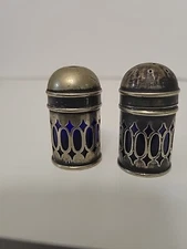 Oval Silver EPNS lattice Filigree Blue Cobalt Glass Salt Pepper Shakers ENGLAND