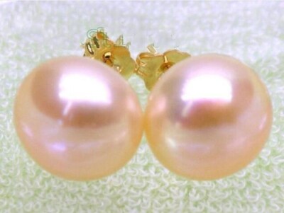 AAAA 10-11mm real natural pink south sea pearl STUD earrings 14k Yellow Gold