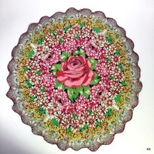 Pink Rose Centered ROUND Floral 100 Silk Scarf with Scalloped Edge Rare Vintage