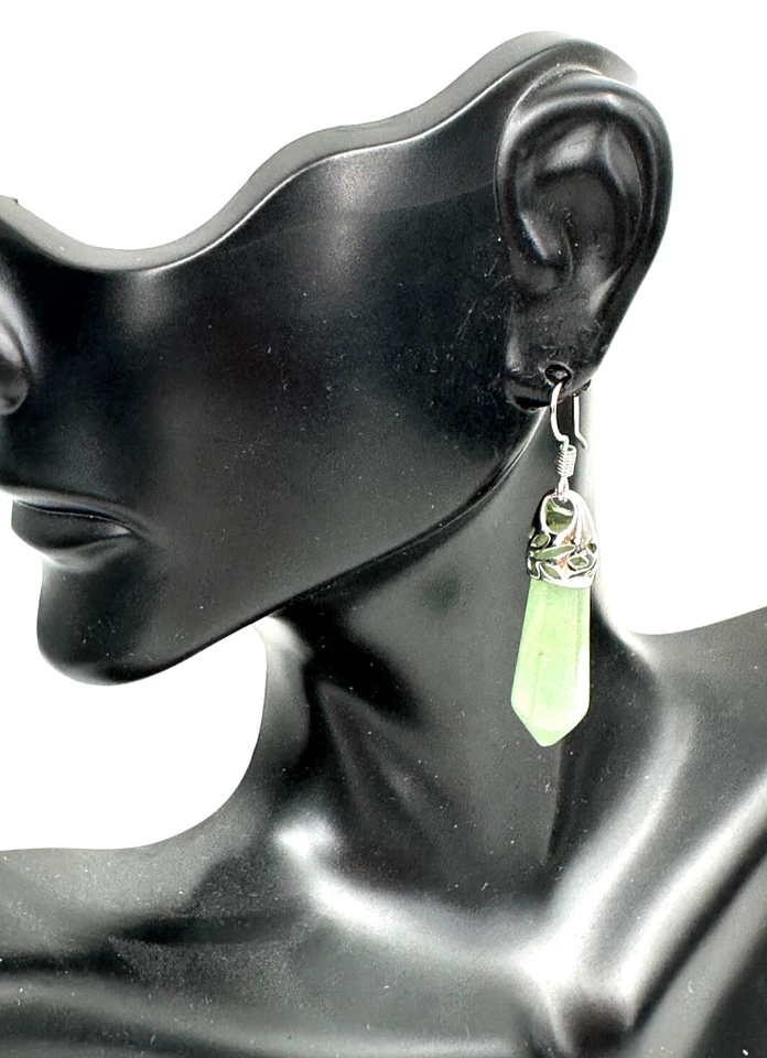 Pendientes colgantes de piedra aventurina verde pulida natural tono plata Foto 2 de 4