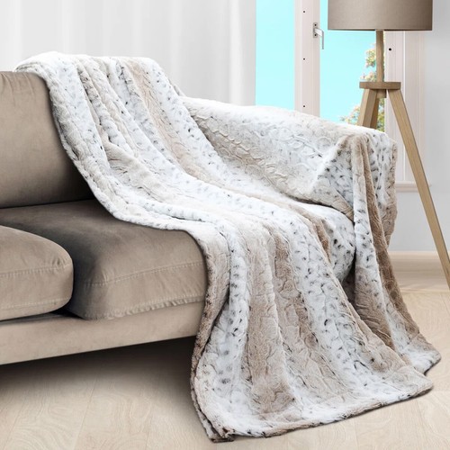 Dennis Basso Home Snow Leopard Print Faux Animal Fur Throw Blanket ~ 46 In X 58” - Picture 2 of 4
