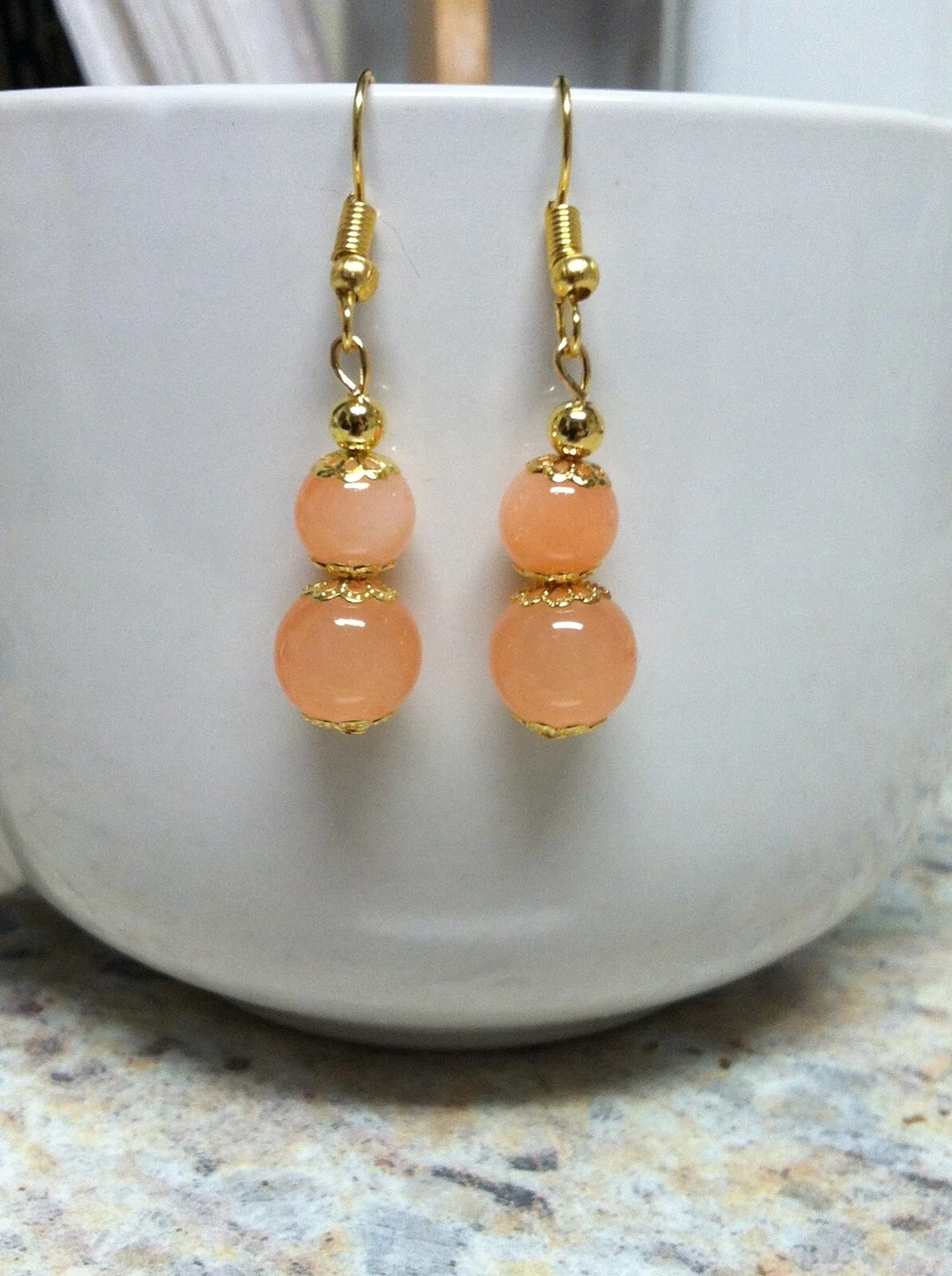 Pierced Two Tone Peach Colored Beaded Dangle Earrings