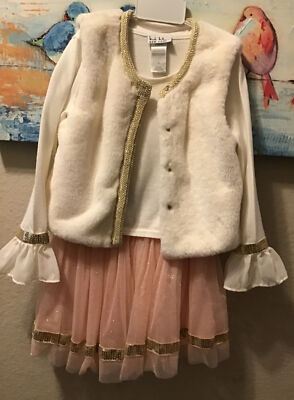 NICOLE MILLER Sz 6 Lil Girls 3 pc Set FUR VEST, BLOUSE, SKIRT Ponk Beige PreOwn
