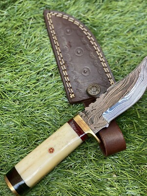 8 Handmade DamascusSteel Fixed Blade w/ bone handle and leather sheath ZH 12
