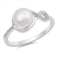 Women 9mm 925 Sterling Silver Freshwater Cultured Pearl  CZ Ladies Ring Band