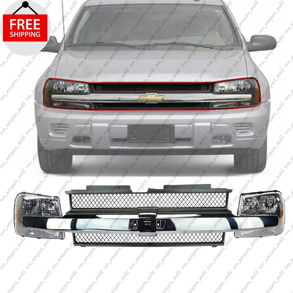 New Front Grille And Headlights Left & Right For 2002-2005 Chevrolet Trailblazer