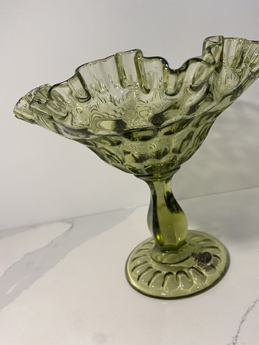 Fenton Olive Green Glass Ruffled Edge Thumbprint Pedestal Candy Dish - Picture 11 of 12