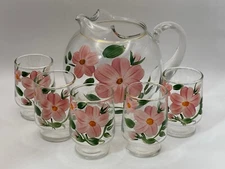 Vintage Kitchen 1940s Hand Painted Floral Juice Set Pitcher Glasses Mid Century