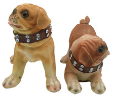 Set of 2 Pug Dogs Figurines Jeweled Collars Collectible Display Decorations 4x4"