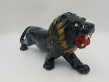 Vintage Redware Pottery Lion w/Gold Trim Mane Rhine Stone Eyes Made in Japan