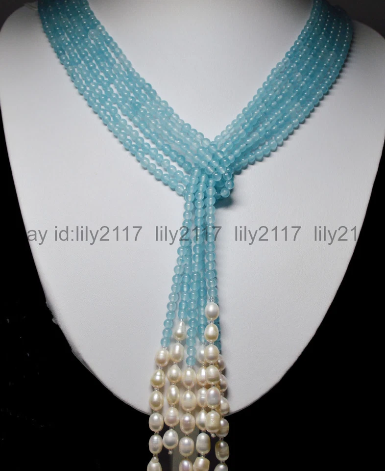 50" Long Charming 3 Strands 4mm Blue Aquamarine Gems White Pearl Lariat Necklace - Image 2 of 4