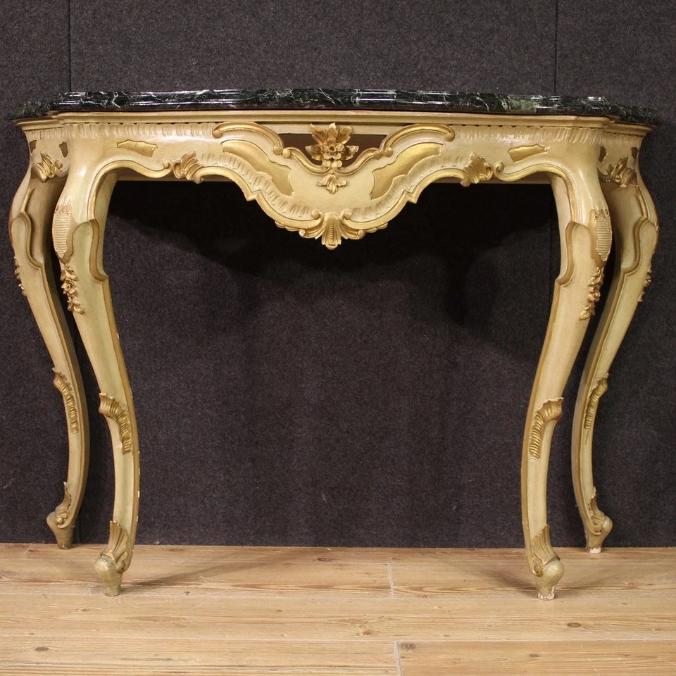 Consola italiana muebles mesa en madera dorada lacada mármol superior siglo XX Foto 4 de 4