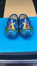 Vintage Dutch Hand-Painted Blue Wooden Clogs with Windmill Design