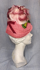 PRIVATE LISTING PINK HELMET CLOCHE STYLE HAT WITH FLORALS, VELVET BUSTLE HAT