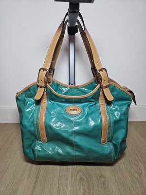 Tod s G-Line Easy Sacca Turquoise Green Grande Canvas Leather Shoulder Bag Tote