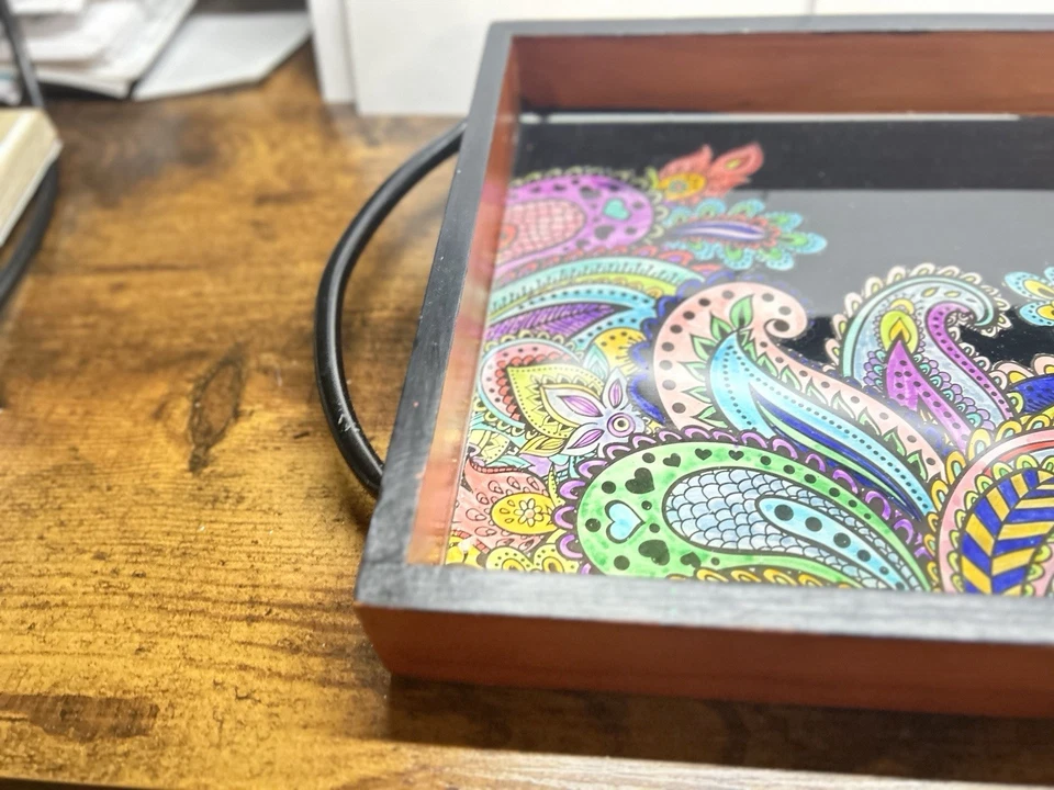 Handcrafted walnut Wood and Resin Serving Tray with Metal Handles 17 1/2” X 11”. - Image 4 of 4