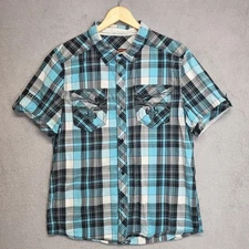 Rock Revival Shirt Mens Large Blue Plaid Button Up Western Cowboy Short Sleeve