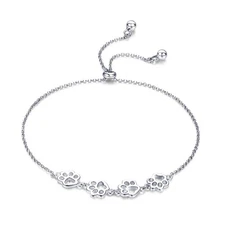 925 Sterling Silver Dog Cat Paw Prints Bracelet Womens Pet Lover Gift Adjusta...