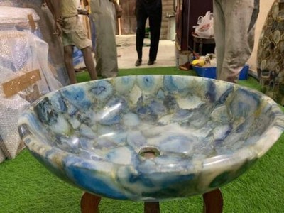 18'' Natural Blue Agate Stone Sink,  Bathroom Vessel Sink, Kitchen Sink Bowl,