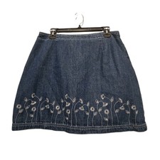 Vtg 90s Y2K Floral Embroidery Denim Skirt Womens 15/16 Dark Wash Boho Festival