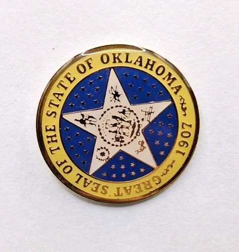 Vtg Great Seal of the State of Oklahoma Enamel Lapel Pin Gold Tone