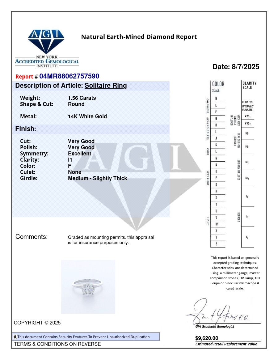 Solitaire Engagement Ring Petite 14K Gold 1.56 Carat Round Natural Diamond F I1