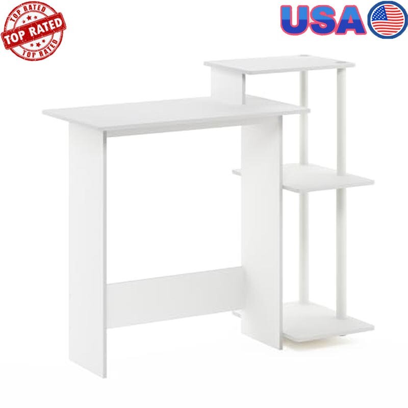 Compact Computer Desk White W/ Square Side Shelf Easy Assembly Durable Design US