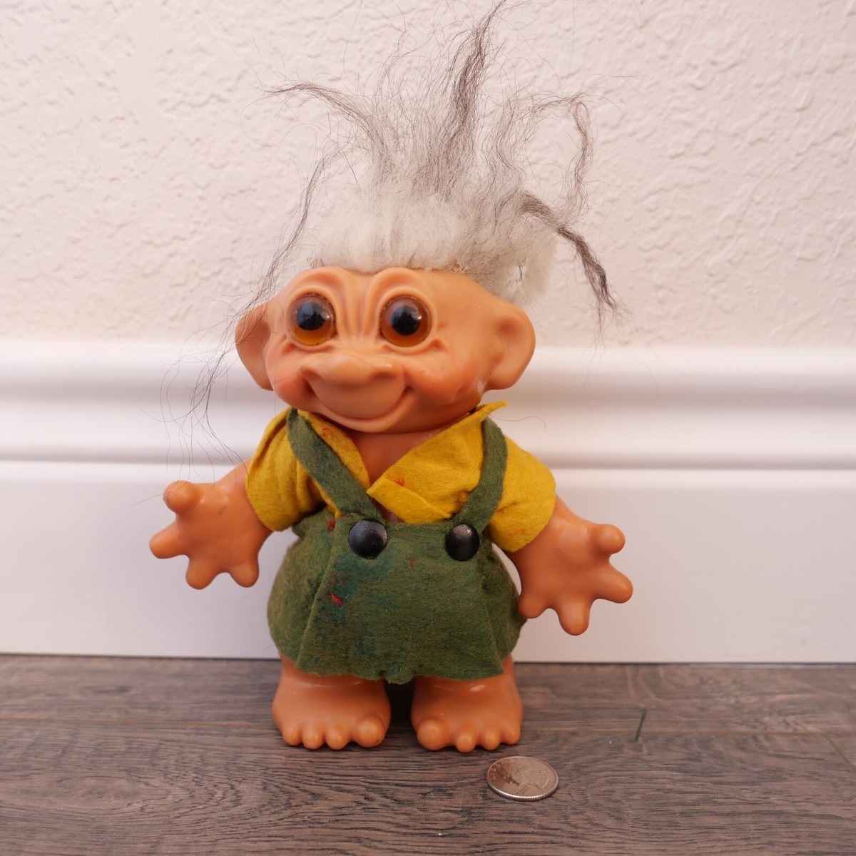 Vintage Troll Doll By Dam 7” Gray Fur Hair Amber Glass Eyes 1961