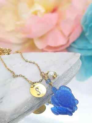 Personalized Sea Glass Turtle Necklace, Customizeable Beach Jewelry Gift For her