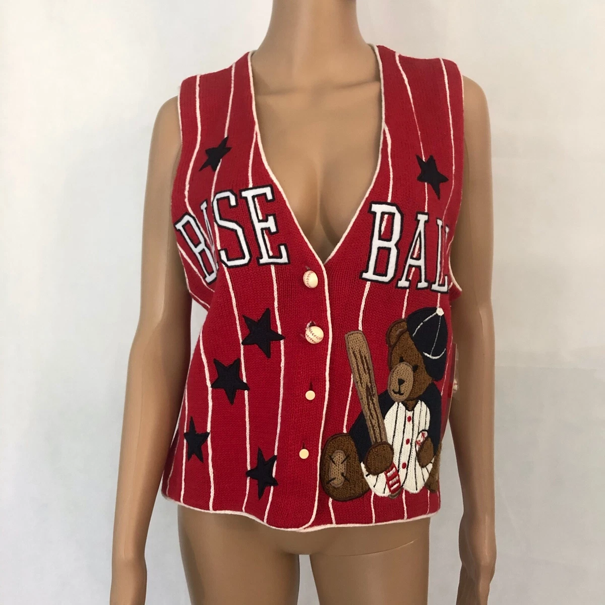 Vintage 1990s PBJ Sport Womens Baseball Sweater Vest Size S Small Mom Fan Bear